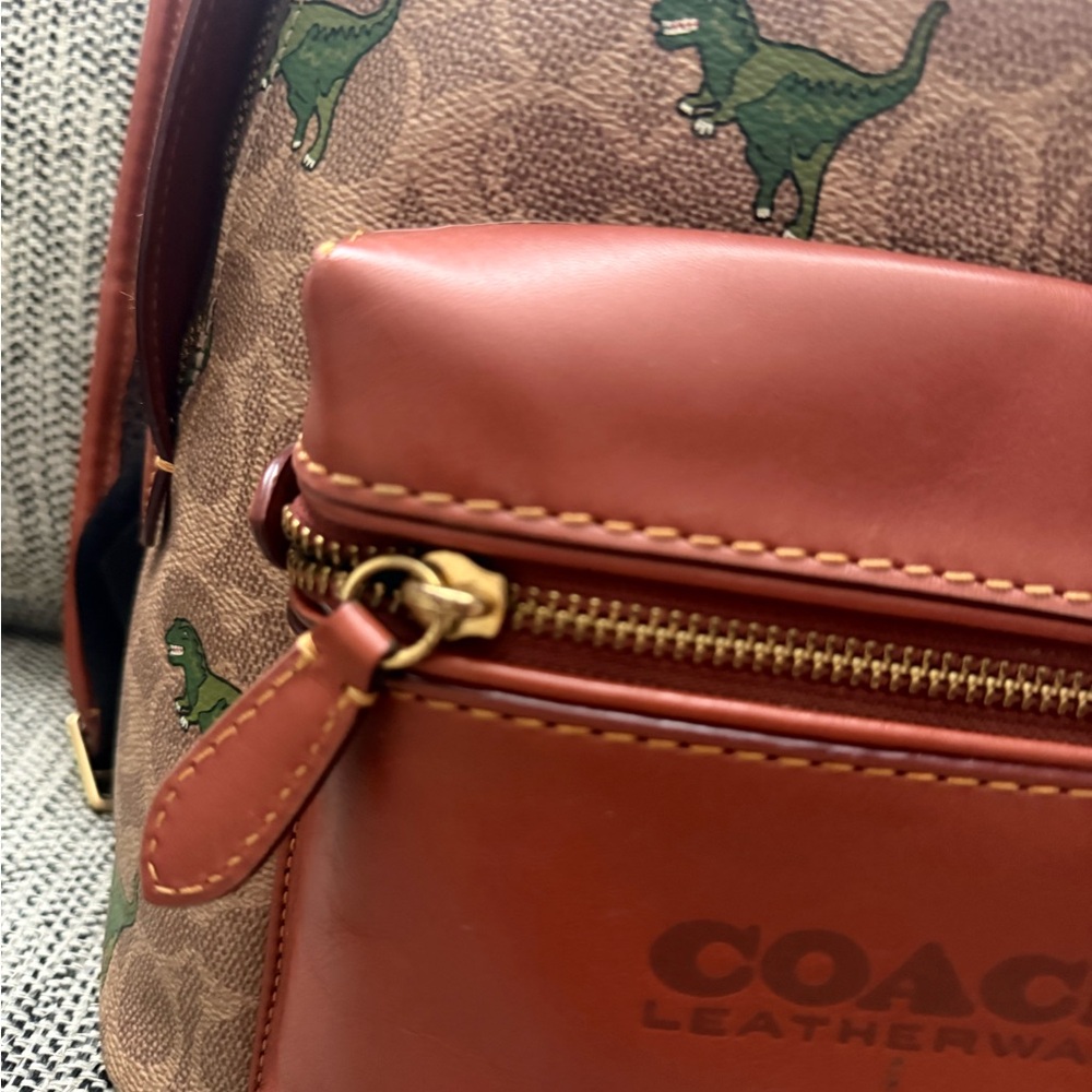 Coach Rexy Medium Backpack with Green Dino Print and Rust Leather - Picture 5 of 10